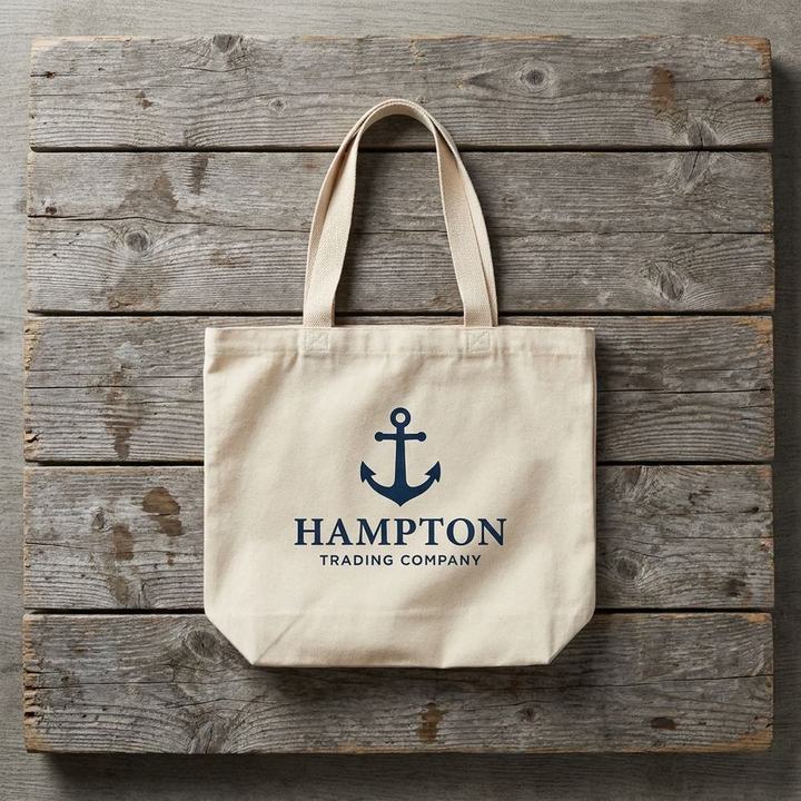 Natural canvas Hampton Trading Company tote bag with navy anchor mark, hung on barn board