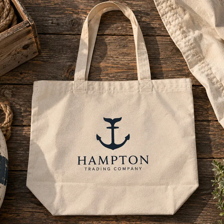 Natural canvas Hampton Trading Company tote bag with navy anchor mark, laid flat on weathered wood planks