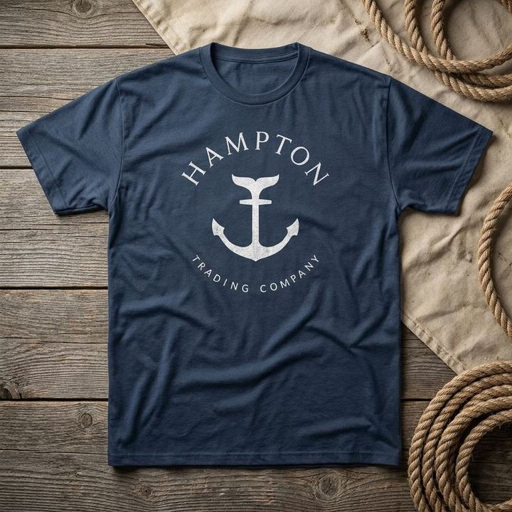 Navy Hampton Trading Company tee with the white anchor mark, laid on weathered dock boards